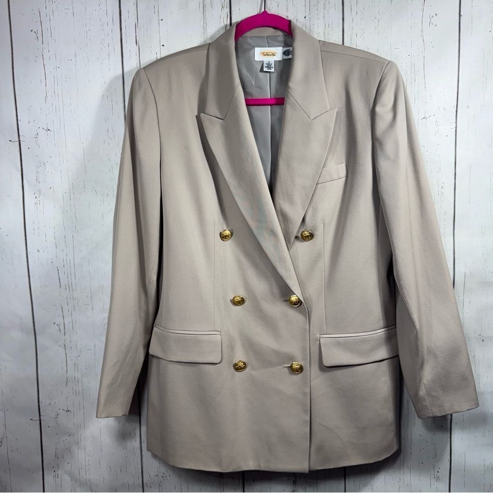 Vintage 90s Talbots Wool Blazer Womens 12 Beige Double Breasted Quite Luxury